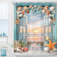 an open window with seashells and starfish on the beach at sunset shower curtain set