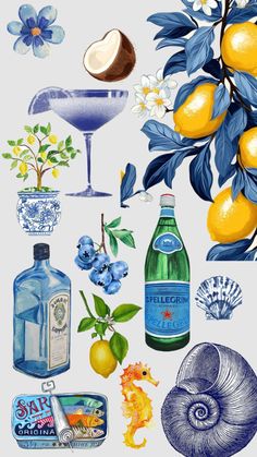 a painting of lemons and other items on a white background