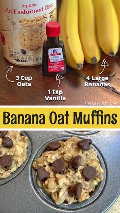 banana oat muffins in a muffin tin with ingredients to make them