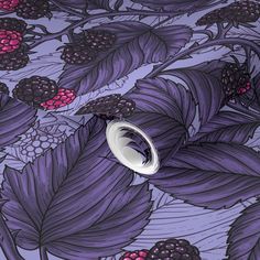 a purple and black wallpaper with red berries, leaves and branches on it's surface