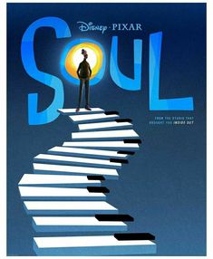 the poster for disney pixar's soul features a man standing on top of stairs