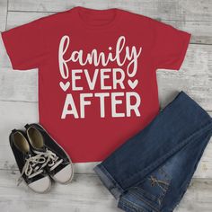 "Kids Family T Shirt Family Ever After Adoption Tee Mom Shirts Parents Matching Shirts Let everyone know you're great ending is family ever after in this adorable pro adoption shirt. This is a great tee for Dads, Moms, Kids, Babies, Aunts and so much more. Show off how proud you are of your family in this family ever after tee. Soft, ring spun cotton t-shirt. Machine wash and dry. Features a tear away tag for comfort and includes a drawstring cotton gift bag. Direct to garment printed using the Family Matching Short Sleeve Tops For Family Events, Family Matching Cotton T-shirts For Family Events, Family Matching Cotton Tops For Family Reunion, Cotton Tops For Family Matching At Family Reunion, Casual Cotton T-shirt For Family Events, Relaxed Fit Short Sleeve Tops For Family Gatherings, Funny Family Shirt With Letter Print, Funny Short Sleeve T-shirt For Family Events, Funny Text Tops For Family Occasions