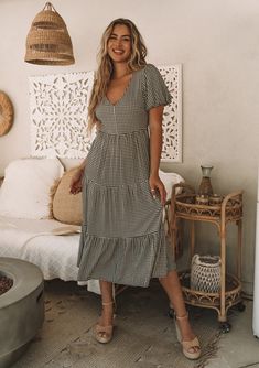 Women's Dress - Small Gingham Midi Dress | LOVESTITCH Summer Gingham Dress With Tiered Skirt, Picnic Plaid Midi Dress With Ruffles, Plaid Midi Dress With Ruffles For Picnic, Puff Sleeve Dress With Ruffle Hem For Picnic, Fitted Gingham Midi Dress With Ruffles, Gingham Dress With Ruffle Hem For Vacation, Knee-length Ruffled Midi Dress For Picnic, Casual Gingham Midi Dress With Ruffles, Gingham Midi Dress For Garden Party