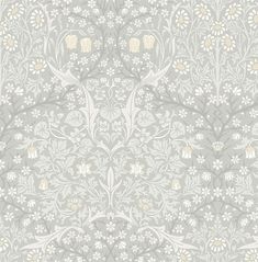 an ornate wallpaper with white flowers and leaves on grey background, suitable to use as a