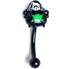 a black and green glass nose ring with a cat on it's back end