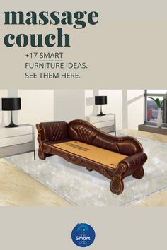 an advertisement for a furniture store with couches and lamps in the background, which reads massage couch