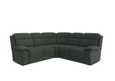 the reclining sectional sofa is shown in dark green fabric, and has two seats on each side