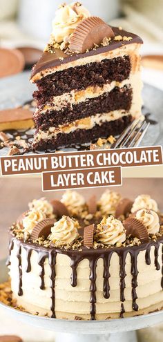 two different layers of cake with chocolate frosting and peanut butter toppings on top