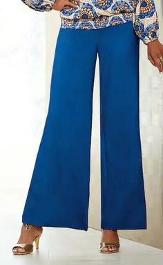 Non-stretch Blue Pants, Blue Stretch Pants, Blue Wide Leg Pants For Night Out, Blue Stretch Pants Solid Color, Casual Blue Pants For Night Out, Blue Straight Leg Bottoms For Night Out, Stretch Blue Solid Color Bottoms, Chic Blue Non-stretch Pants, Blue High Waist Wide Leg Pants For Night Out