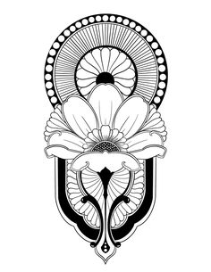 a black and white drawing of a flower with an ornate design on the front side