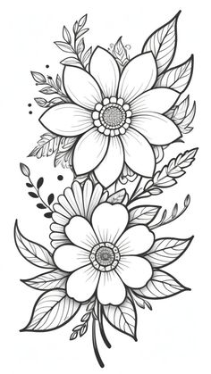 a black and white drawing of flowers with leaves on the bottom half of each flower