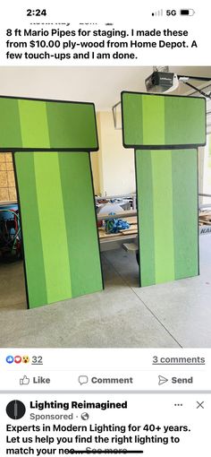 an image of two large green doors on the side of a building that is being advertised for