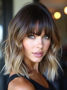 Brunette Balayage Hair Fringe, Above Shoulder Shag Haircuts, Long Ombre Hair With Bangs, Blonde Balayage With Fringe, Short Bob Hairstyles For Thick Hair Choppy Layers Shoulder Length, Brunette Hair Fringe, Layered Hair With Balayage, Ombre Shag Hair, Brunette To Blonde Bob