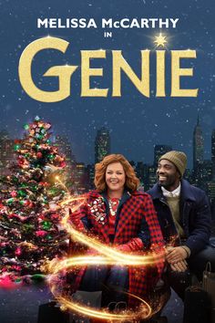 a poster for the christmas movie, genie with a man and woman sitting in front of a christmas tree