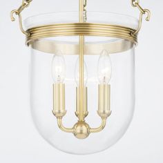 a light fixture with two lights hanging from it's ceiling and the glass is clear