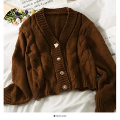 Pearl Diary Women Autumn Winter Sweater Cardigans Novelty Metal Buttons Casual French Style Braid Pattern Warm Cardigans AMAIO Brown Knitted V-neck Cardigan, Brown V-neck Winter Outerwear, Trendy Brown V-neck Outerwear, Casual Brown V-neck Sweater Coat, Trendy Brown V-neck Cardigan, Brown Buttoned Cardigan For Fall, Cozy Brown Long Sleeve Cardigan, Vintage Brown Cardigan For Winter, Brown Knit V-neck Outerwear