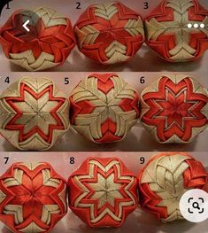 four pictures showing different types of decorative objects with red and gold ribbons on the edges