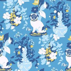 a blue and yellow flowered background with small white dogs in the center, surrounded by flowers