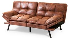 a brown leather couch sitting on top of a wooden leg base with black legs and arms