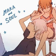 two people sitting on a chair in front of a sign that says maka and soul