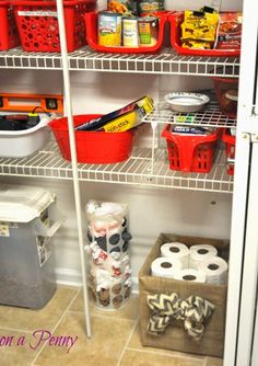 an organized pantry with toilet paper and other items