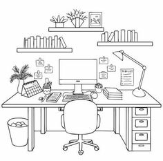 a black and white drawing of a desk with a computer, bookshelf and plant