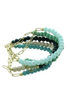 Paperclip links join with beaded details to create this colorful stack. Gold plated metal/beads Imported Turquoise Beaded Bracelets With Wooden Beads, Trendy Turquoise Stackable Beaded Bracelets, Turquoise Stackable Beaded Bracelets With Round Beads, 14k Gold-filled Beaded Bracelets With Colorful Beads, Turquoise Multi-strand Bracelets With Colorful Beads, Turquoise Multi-strand Bracelet With Colorful Beads, Turquoise Multi-strand Faceted Beaded Bracelets, Turquoise Multi-strand Bracelets With Faceted Beads, Turquoise Multi-strand Bohemian Beads