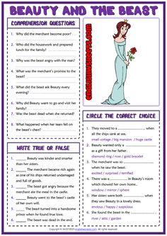 the beauty and the beast worksheet with answers for students to use in their class