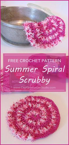 the crochet pattern for a summer spiral scrubby is shown in pink and white