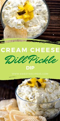 cream cheese dip in a glass bowl with crackers on the side and text overlay