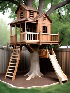 a tree house with a slide in the middle of it and a large tree behind it