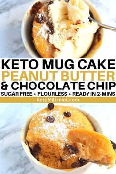 two pictures with the words keto mug cake, peanut butter and chocolate chip in them