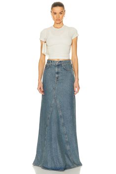 Find GRLFRND Fiona Godet Maxi Skirt In Blue on Editorialist. GRLFRND Fiona Godet Maxi Skirt in Blue 100% cotton. Made in USA. Machine wash. Unlined. Zip fly with button closure. Button tab at waist. Side slant pockets and cargo pockets Single back welt pocket. Skirt measures approx 37 in length. GRLR-WQ105. GF47118502006. About the designer: Introducing your new GRLFRND. Based in LA, GRLFRND Denim crafts pieces focused on fit and individuality, blending unique details with vintage silhouettes. The premium denim label reimagines everyday staples with a contemporary vision, drawing inspiration from enduring styles and comfort. Bold, versatile, and unexpected - a fresh approach to classic denim. Explore the collection featuring remarkable ready-to-wear pieces designed with premium qualities a Iconic Supermodels, Vision Drawing, Grlfrnd Denim, Denim Label, Maxi Lace Skirt, Pocket Skirt, High Rise Skirt, Let You Go, Vintage Silhouette