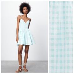 Nwt. Zara White/Turquoise Gingham Checked V-Neck Mini Dress With Adjustable Spaghetti Straps, Hidden In-Seam Side Pockets, Beaded Flower Shaped Detail, Contrasting Inner Lining, Fully Lined, Back Hidden In-Seam Zipper Closure. 67% Cotton 32% Polyester 1% Elastane. Size M. Ref. 0881/328. Pit To Pit 16" Flat, Waist 14,5", Length 32". G. Gingham V-neck Mini Dress For Picnic, Turquoise V-neck Mini Dress For Summer, Blue Mini-length Plaid Dress For Spring, Blue Plaid Mini Dress For Spring, Blue Mini Length Plaid Dress For Spring, Blue Plaid Dress For Summer Brunch, Blue Plaid Dress For Summer Picnic, Blue Plaid Dress For Spring Day Out, Gingham V-neck Summer Dress