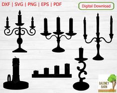 the silhouettes of candles and candle holders are shown in black on white wood background