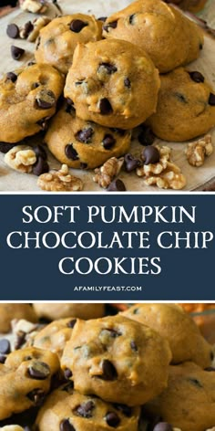 soft pumpkin chocolate chip cookies stacked on top of each other with text overlay that reads soft pumpkin chocolate chip cookies