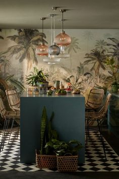 a kitchen with an island, potted plants and hanging lights in the middle of it