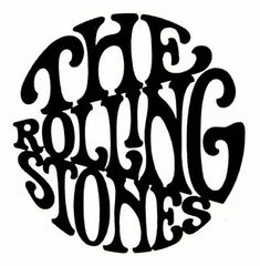 the rolling stones logo is shown in black and white, with an oval shaped lettering that reads