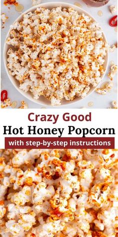 the ingredients to make crazy good hot honey popcorn with step - by - step instructions