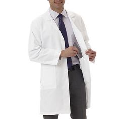 The best-selling Meta® men's labcoat fits all of your professional needs. fine-line twill with soil release four-button front three outside pockets with pen divider on chest pocket two inside pockets with scissor holder side hand access slits pleated and belted back 38" length polyester/cotton washable imported more sizes: regular, tall Scientist Lab Coat, Men's Lab Coat, Scientist Lab, Doctor Coat, Lab Coats, Coat White, Safety Clothing, Front Hand, Mens Big And Tall