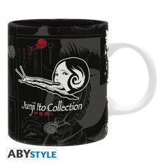 a black and white coffee mug with an image of a woman holding a rose