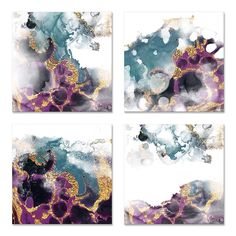 four abstract paintings in purple and gold on white paper, each with different shapes and colors