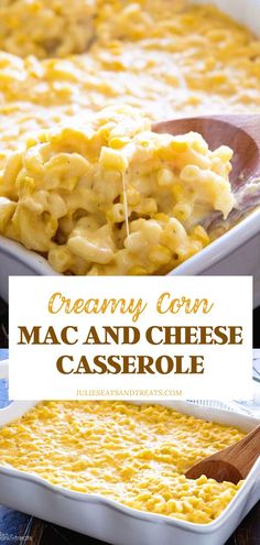 creamy corn mac and cheese casserole with a wooden spoon