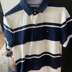 Never Worn Mens Shirt Casual Tommy Hilfiger Polo Shirt, Casual White Tommy Hilfiger Shirt, Striped Collared Shirt, Tommy Hilfiger Blue Short Sleeve Shirt, Tommy Hilfiger Blue Collared Shirt, Blue Collared Tommy Hilfiger Shirt, Cheap Button-up Shirt With Striped Collar, Retro Striped Button-up Shirt, Blue Cotton Button-up Polo Shirt