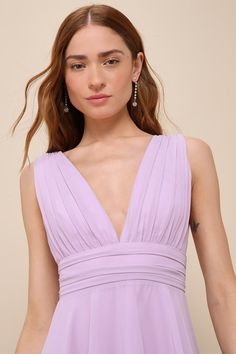 Make it an event to remember with the Lulus Amazing Evening Lavender Tiered Maxi Dress! Lightweight and flowy woven chiffon shapes this dress that has wide straps and a V-neckline and back. Pleating accents the cups and banded waist atop a tiered maxi skirt. Hidden back zipper/clasp. Fit: This garment fits true to size. Length: Floor length. Size medium measures 59.5" from shoulder to hem. Bust: Great for any cup size. Waist: Fitted - very fitted at natural waist. Hip: Not Fitted - fuller skirt Fitted Lavender Floor-length Maxi Dress, Flowy Lavender V-neck Maxi Dress, Feminine Purple V-neck Maxi Dress, Bohemian Lavender V-neck Maxi Dress, Purple Chiffon V-neck Maxi Dress, Dress With Pleats, Tiered Maxi Skirt, Chiffon Maxi, Chiffon Maxi Dress