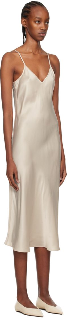 Handcrafted sandwashed OEKO-TEX-certified silk satin dress. · Plunged V-neck · Adjustable spaghetti shoulder straps · Flared hem · Unlined Supplier color: Hazelnut Chic Fitted Slip Dress At Cheap Price, Silk Laundry, Silk Satin Dress, Midi Slip Dress, Mid Length Dresses, Satin Dress, Event Dresses, Hazelnut, Satin Dresses