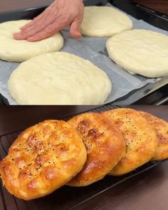 the process of making bread is being made by hand and then baked in an oven