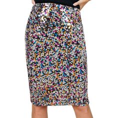 Make a bold statement with Anna-Kaci Women's Sparkly Sequins Cocktail Midi Skirt, adding dazzling sparkle to your wardrobe. This dressy skirt features all-over shimmering sequins in a midi pencil silhouette, ensuring you stand out in every room you enter. Trendy Sequin Skirt For Party Season, Trendy Pencil Skirt For Party, Holiday Night Out Pencil Skirt, Trendy Pencil Skirt Bottoms For Party, Multicolor Sequined Party Bottoms, Multicolor Sequined Bottoms For Party Season, Summer Party Stretch Pencil Skirt, Glamorous Knee-length Spring Bottoms, Glamorous Knee-length Spring Skirt