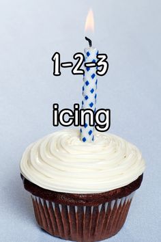 a cupcake with a single candle on it that says, 1 - 2 / 3 icing