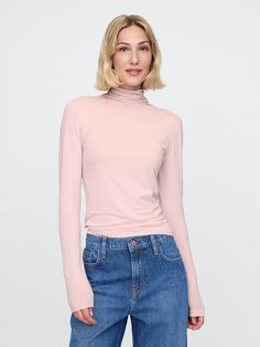 Soft stretch knit turtleneck.  Turtleneck.  Long sleeves.  Seam detail at back.  Fit: Stretch-to-Fit.  Slim & stretchy that forms to your shape.  Hits at the hip.  Models wearing Gap Light Pink Turtleneck, Style Mistakes, Toddler Gifts, Gap, Light Pink, Cashmere, Turtle Neck, Autumn Fashion, T Shirts For Women